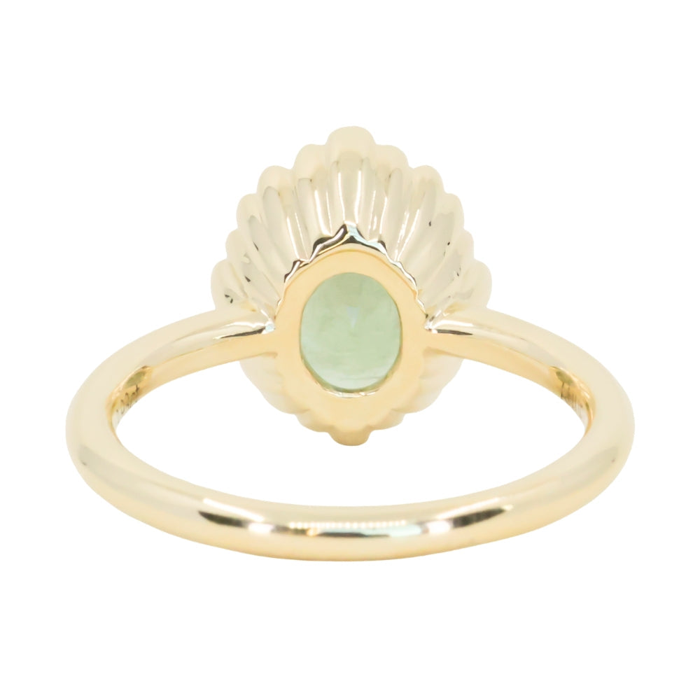 3.93ct Untreated Oval Seafoam Montana Sapphire Scallop Cup Solitaire in 14k Yellow Gold