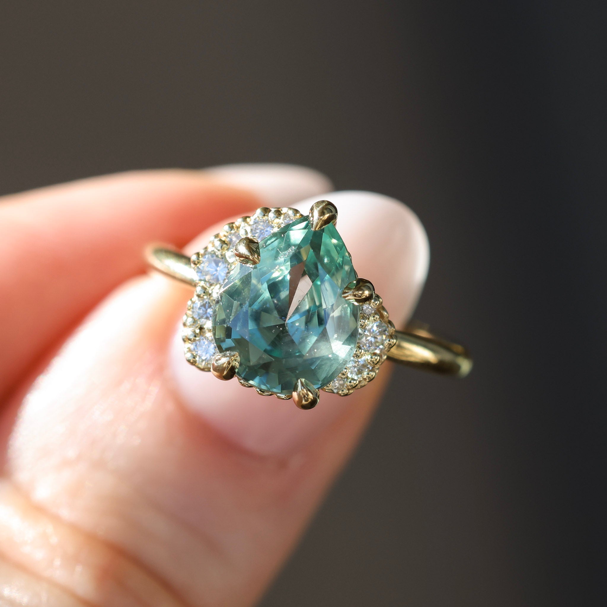 3.34ct  Untreated Pear Montana Sapphire and Diamond Asymmetrical Cluster Ring in 18k Yellow Gold