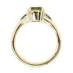 1.50ct Round Parti Yellow Blue Precision Cut Montana Sapphire and Trillion Sapphire Low Profile Three Stone Ring in 18k Yellow Gold