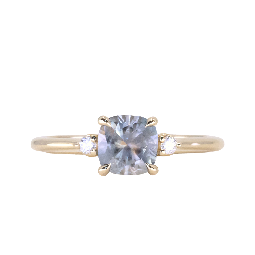 1.37ct Bicolor Purple Cushion Montana Sapphire and Diamond Dainty Three Stone Ring in 14k Yellow Gold