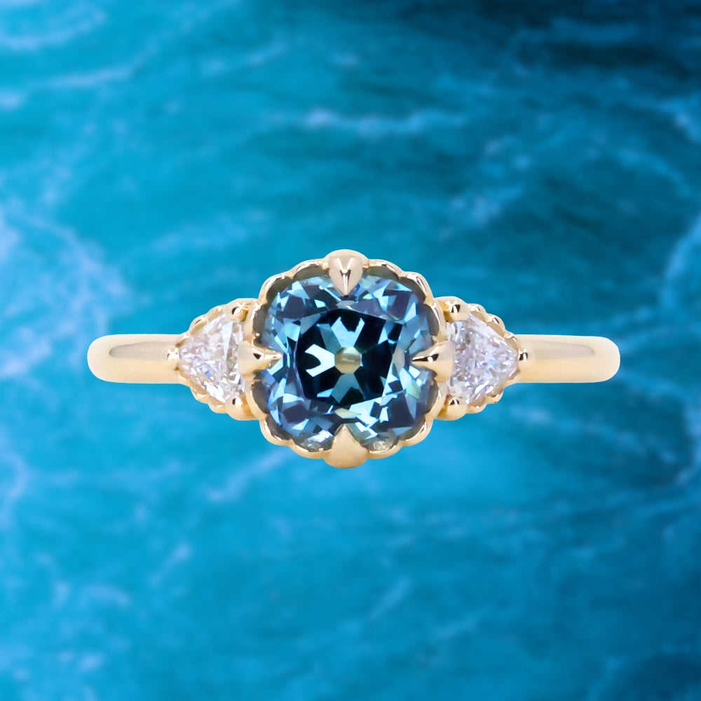 1.57ct Old Mine Cut Montana Sapphire and Diamond Antique Style Compass Set Low Profile Ring in 14k Yellow Gold