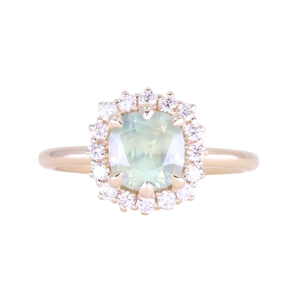 2.18ct"Old Mine Cushion" cut Silky Light Green Montana Sapphire Antique-Style Diamond Halo Ring in 14k Yellow Gold