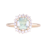 2.18ct"Old Mine Cushion" cut Silky Light Green Montana Sapphire Antique-Style Diamond Halo Ring in 14k Yellow Gold
