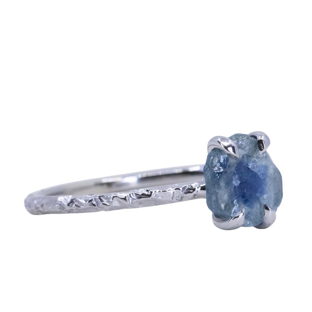 Rough Montana Sapphire Dainty Evergreen Prong Set Rings in 14k White, Yellow and Rose Gold