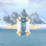 3.62ct Untreated Emerald Cut Montana Sapphire and Diamond Vintage Cathedral Double Prong Ring in 18k Yellow Gold