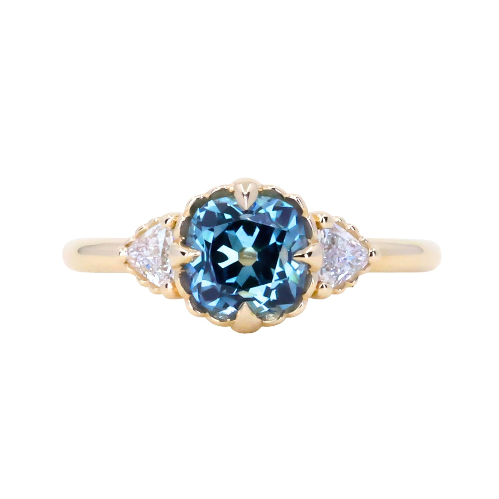 1.57ct Old Mine Cut Montana Sapphire and Diamond Antique Style Compass Set Low Profile Ring in 14k Yellow Gold