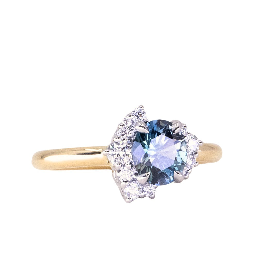 1.37ct Midnight Purple-Blue Montana Sapphire Oval and Diamond Asymmetrical Cluster Ring in Two Tone 18k Yellow and Platinum