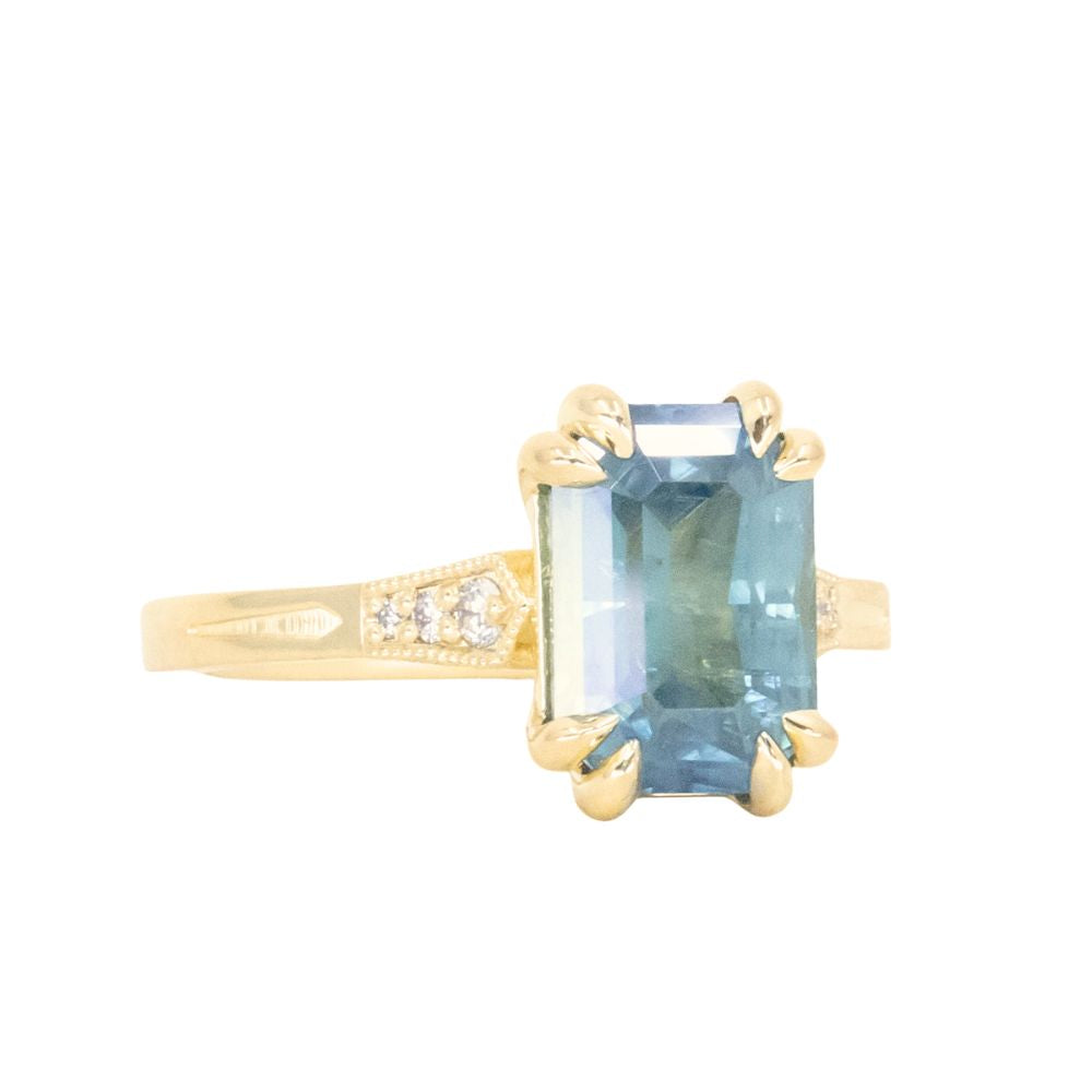 3.62ct Untreated Emerald Cut Montana Sapphire and Diamond Vintage Cathedral Double Prong Ring in 18k Yellow Gold