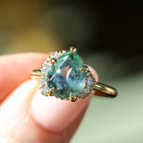 3.34ct  Untreated Pear Montana Sapphire and Diamond Asymmetrical Cluster Ring in 18k Yellow Gold