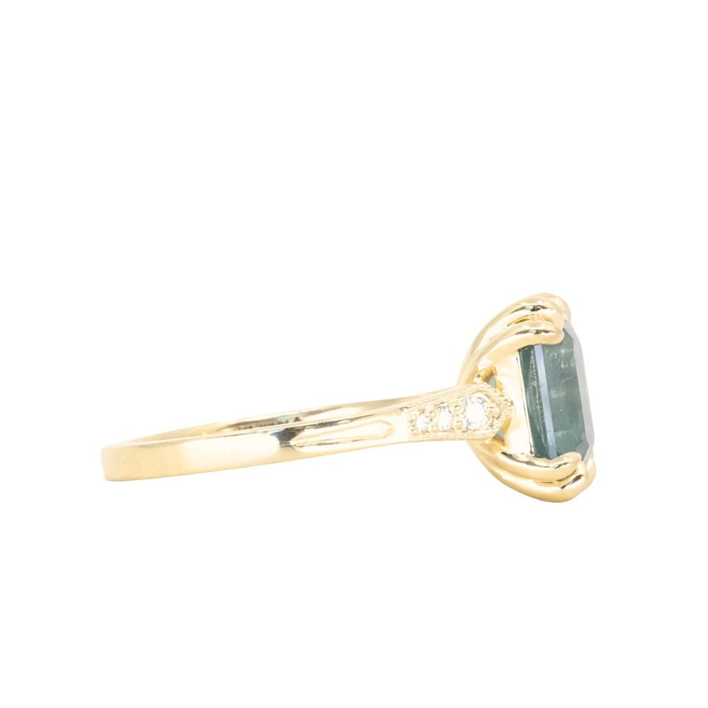 3.62ct Untreated Emerald Cut Montana Sapphire and Diamond Vintage Cathedral Double Prong Ring in 18k Yellow Gold