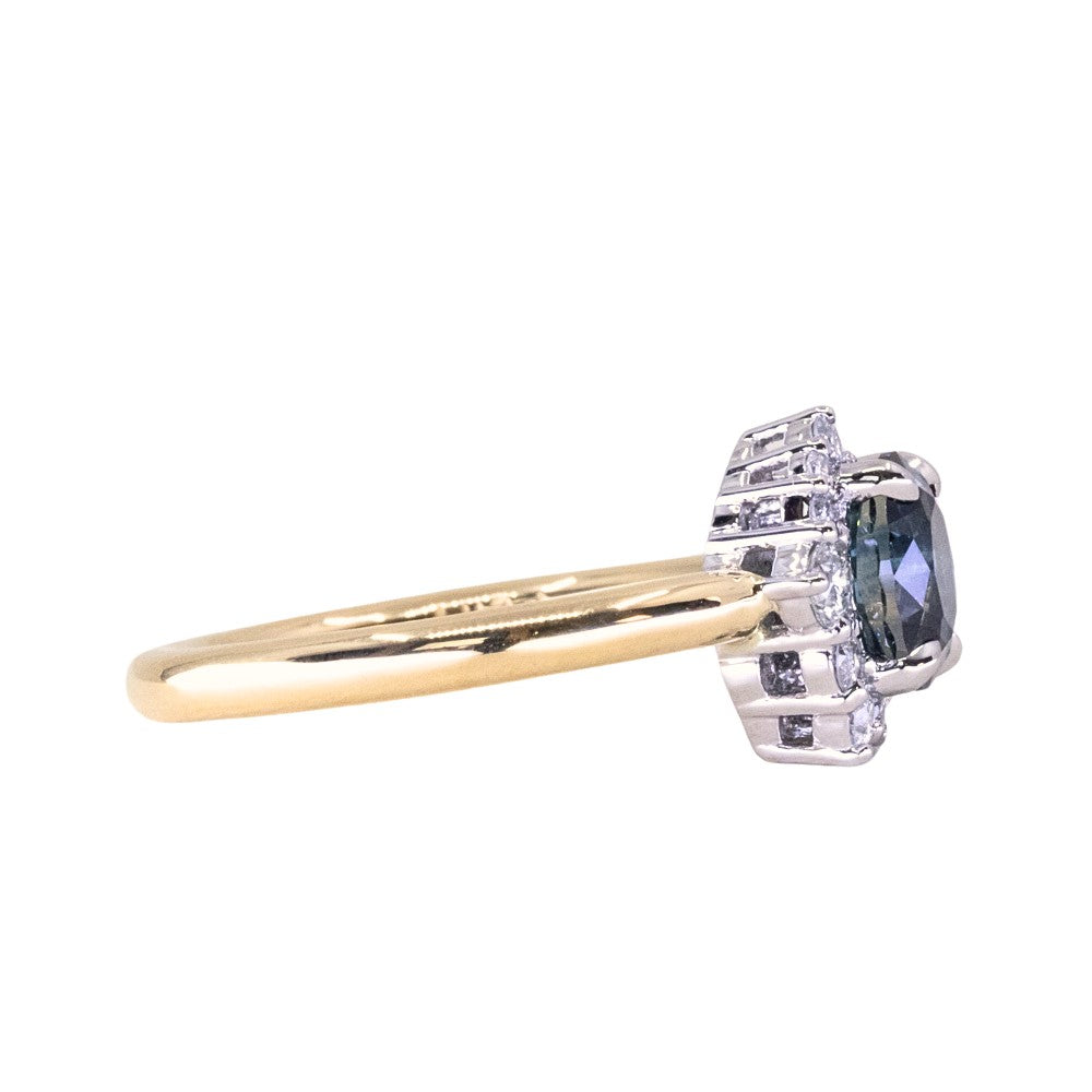 1.37ct Midnight Purple-Blue Montana Sapphire Oval and Diamond Asymmetrical Cluster Ring in Two Tone 18k Yellow and Platinum