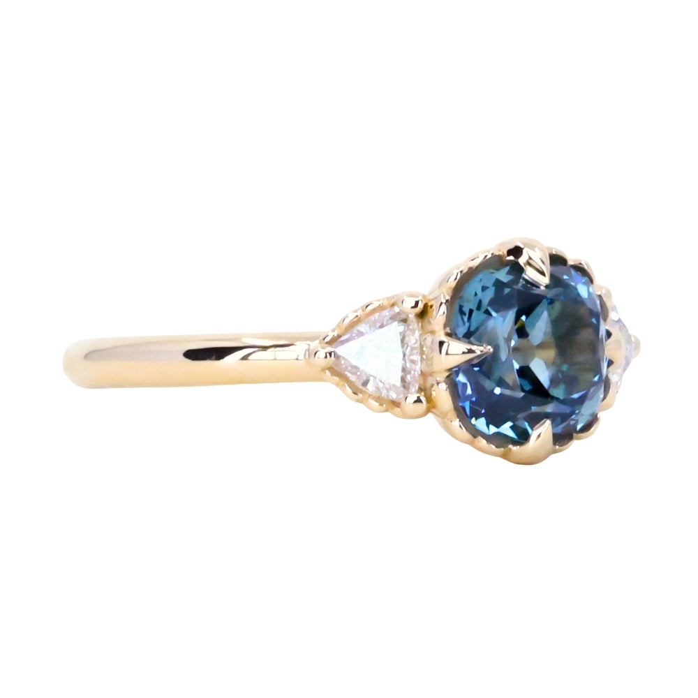 1.57ct Old Mine Cut Montana Sapphire and Diamond Antique Style Compass Set Low Profile Ring in 14k Yellow Gold