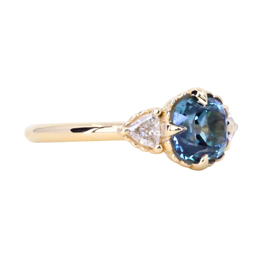 1.57ct Old Mine Cut Montana Sapphire and Diamond Antique Style Compass Set Low Profile Ring in 14k Yellow Gold