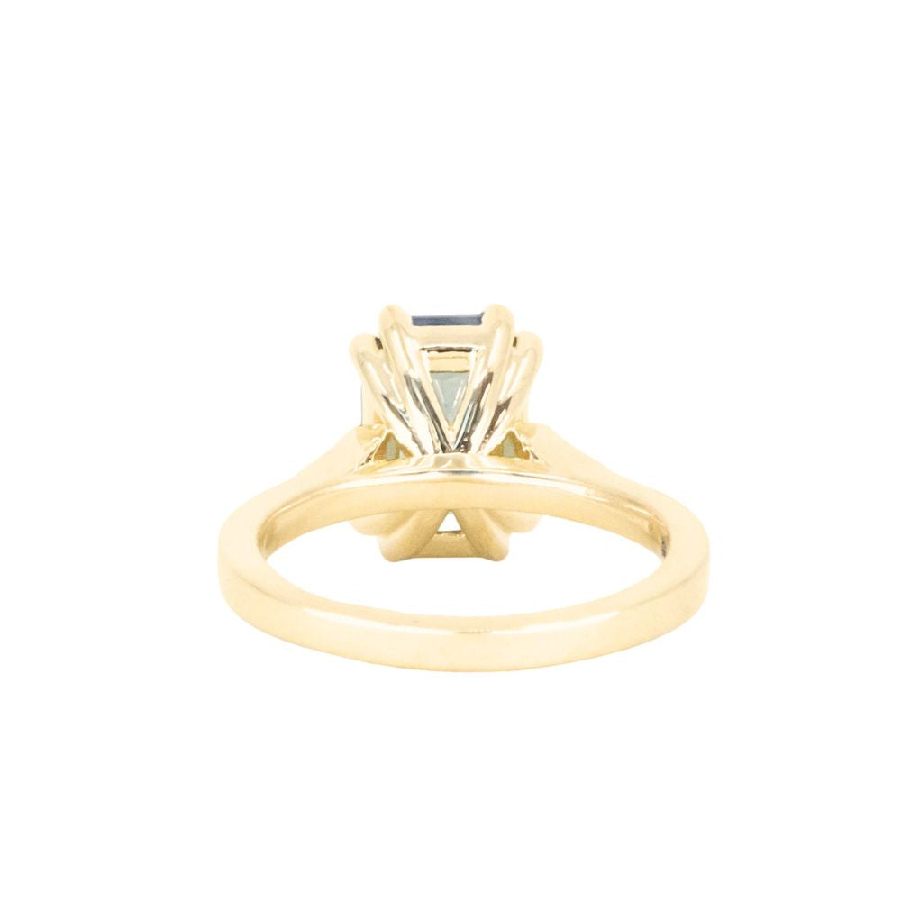 3.62ct Untreated Emerald Cut Montana Sapphire and Diamond Vintage Cathedral Double Prong Ring in 18k Yellow Gold