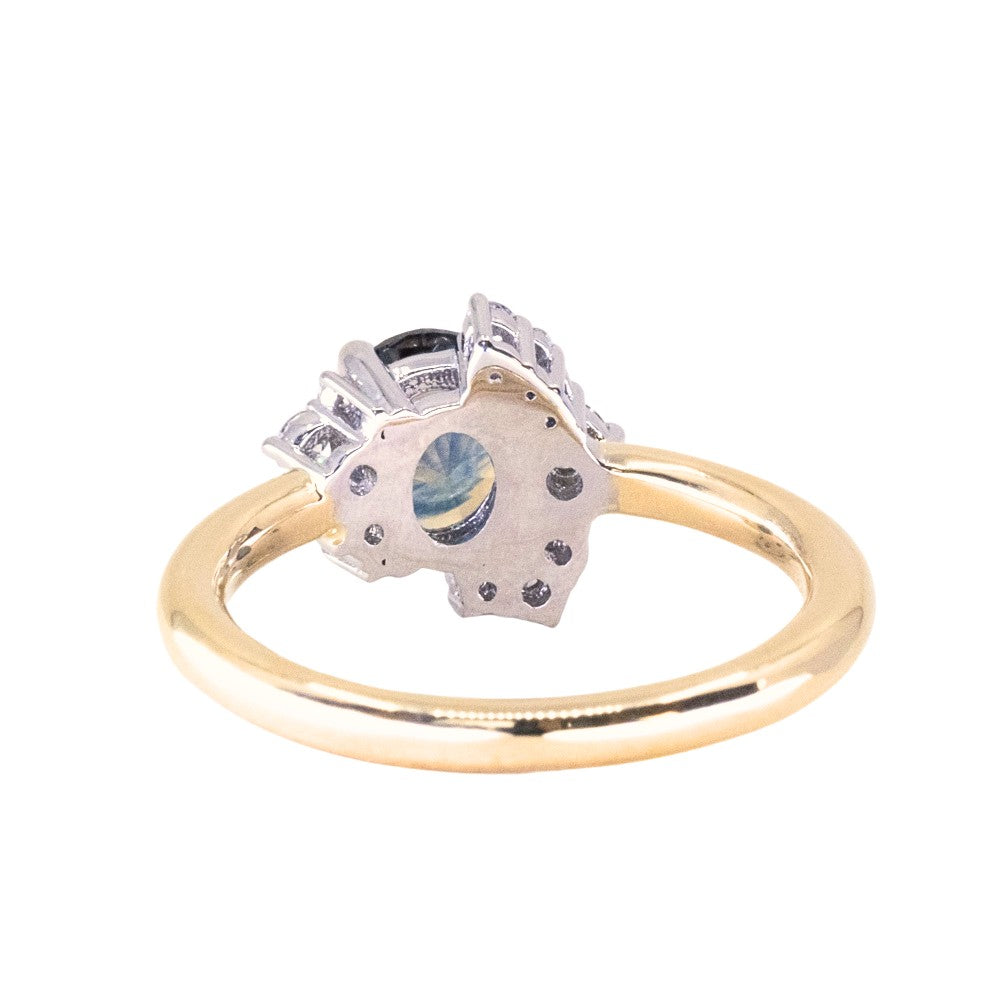 1.37ct Midnight Purple-Blue Montana Sapphire Oval and Diamond Asymmetrical Cluster Ring in Two Tone 18k Yellow and Platinum