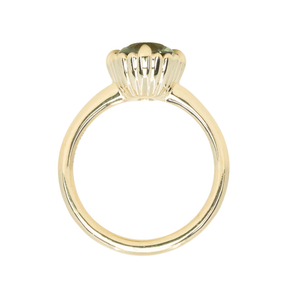 2.57ct Precision Cushion Cut Green Montana Sapphire Scallop Cup Solitaire in 18k Yellow Gold