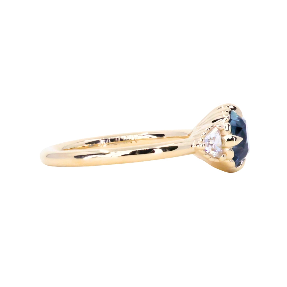 1.57ct Old Mine Cut Montana Sapphire and Diamond Antique Style Compass Set Low Profile Ring in 14k Yellow Gold