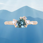0.78ct Teal Montana Sapphire and Genuine Antique Diamond Mountainscape Ring in 14k Evergreen Carved Yellow Gold