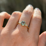 1.65ct Round Untreated Precision Cut Montana Sapphire and Natural Pear Diamond Three Stone Low Profile Ring in 18k Yellow Gold