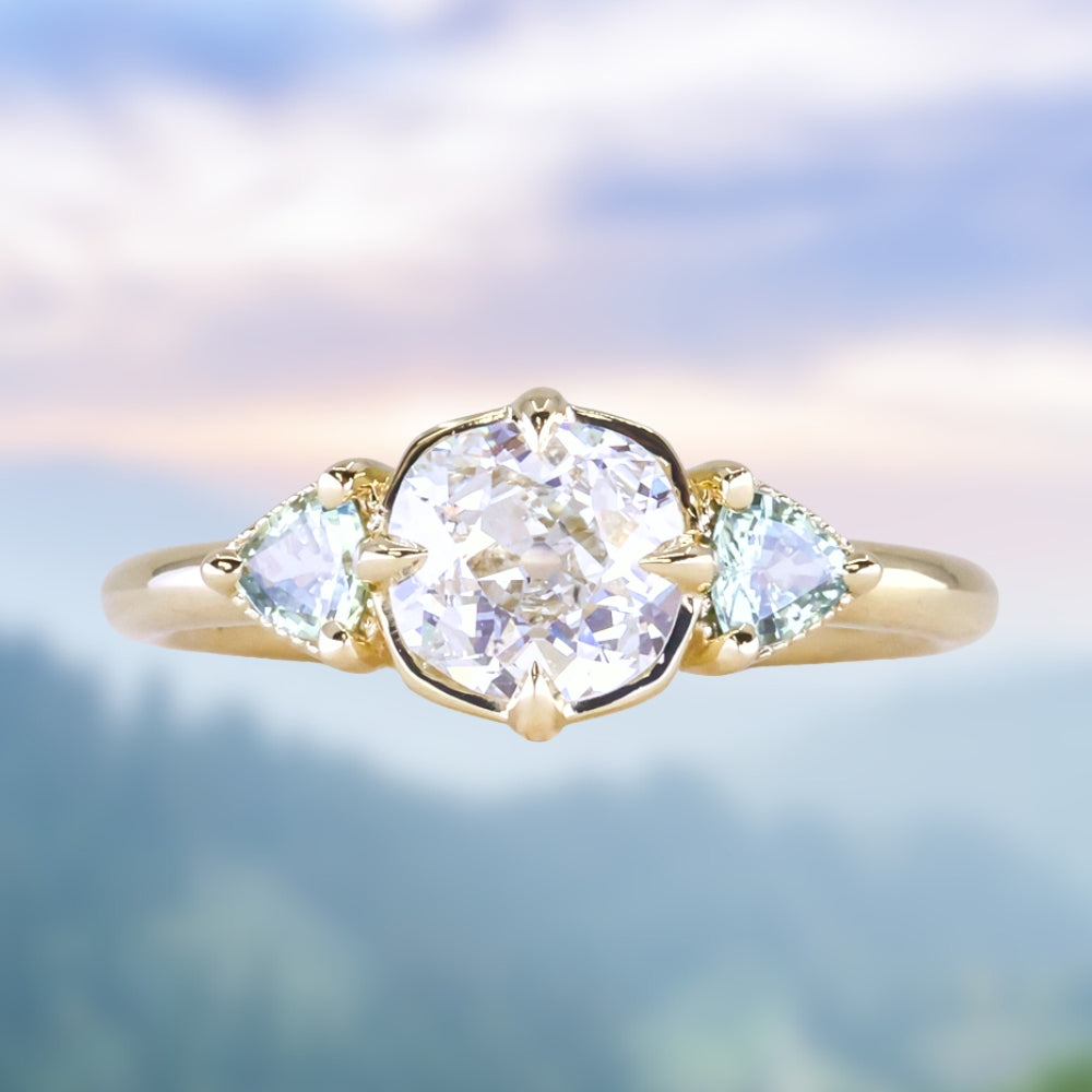 0.96ct Antique Old Mine Cut Diamond and Trillion Seafoam Montana Sapphire Antique Style Compass Set Low Profile Ring with Milgrain in 18k Yellow Gold
