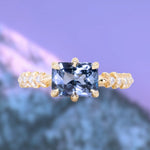 2.36ct Radiant Cut East-West Purple-Grey Spinel Low Profile 6 Prong Vine Solitaire with Diamonds in 18k Yellow
