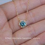 Dainty 14k Yellow Gold Montana Sapphire and Diamond Halo Necklaces