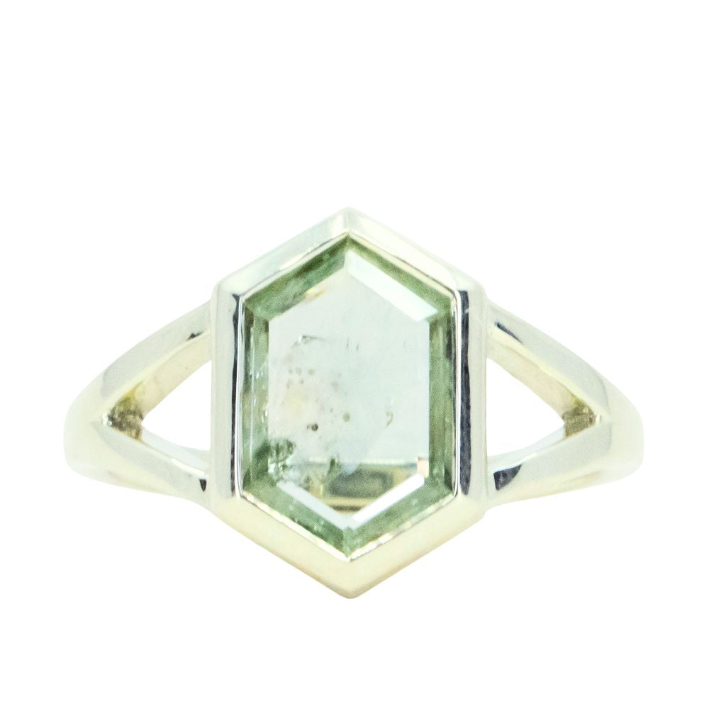 2.04ct Montana Sapphire Hexagon Portrait Cut Low Profile Bezel Split Shank Solitaire Ring in 14k Green Gold