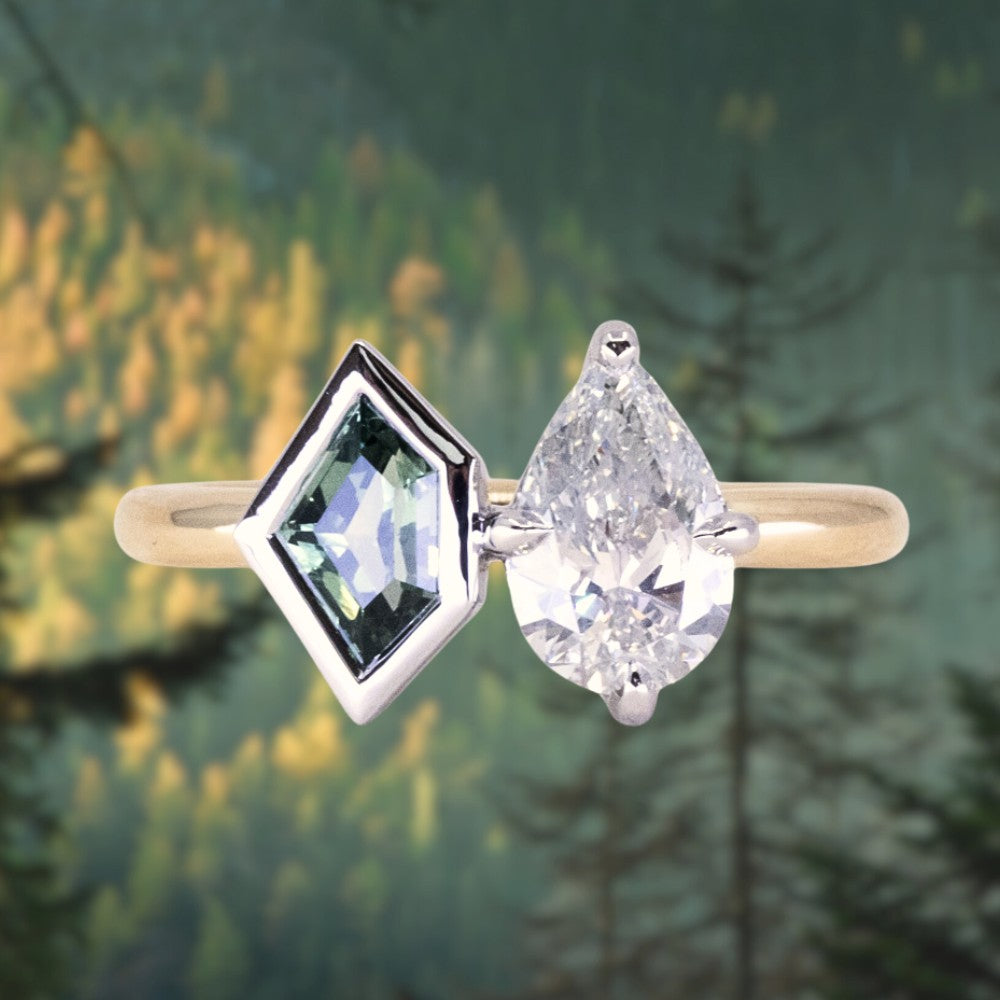 GIA 1.0ct Natural Pear Diamond and Geo Montana Sapphire Two Tone Toi Et Moi Ring in 18k Yellow Gold and Platinum