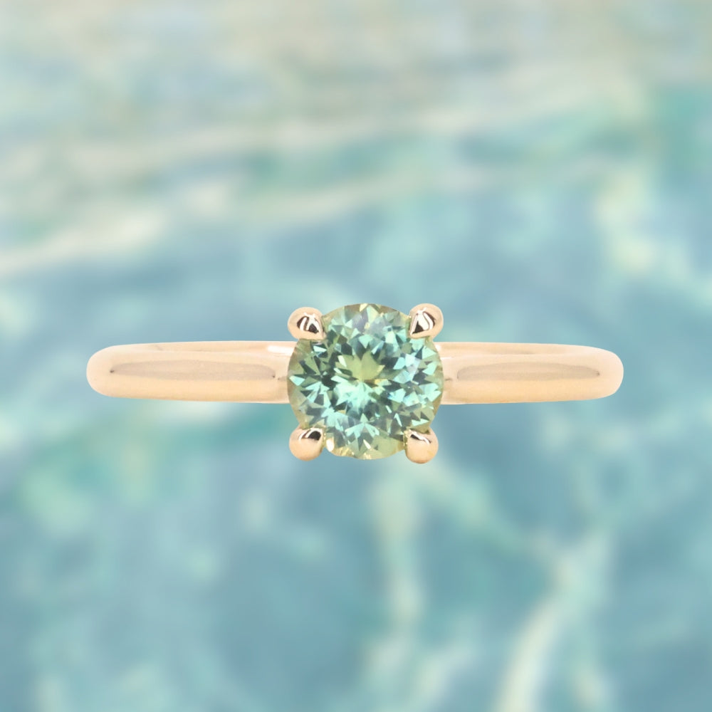 0.78ct Round Seafoam Teal Green Montana Sapphire Four Prong Lotus Solitaire in 14k Yellow Gold