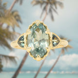 3.29ct Untreated Moval Montana Sapphire and Trillion Australian Sapphire Three Stone Scallop Cup Antique Style with Milgrain Low Profile Ring in 18k Yellow Gold