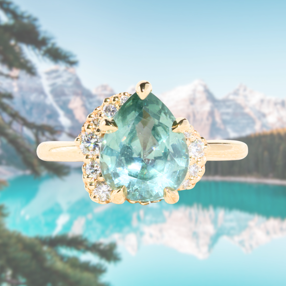 3.34ct  Untreated Pear Montana Sapphire and Diamond Asymmetrical Cluster Ring in 18k Yellow Gold