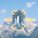 4.25ct Antique Style Elongated Cushion Untreated Montana Sapphire Vine Cathedral Four Prong Ring in 18k Yellow Gold
