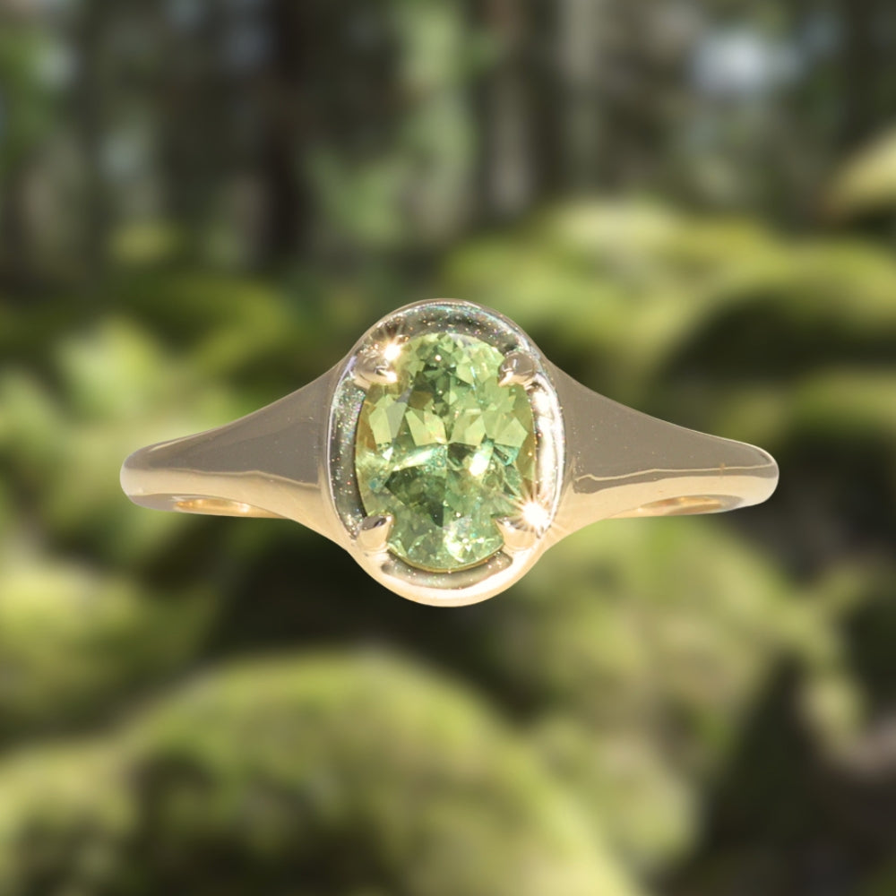 1.28ct Oval Green Montana Sapphire Low Profile 4 Prong Signet Solitaire in 14k Yellow Gold