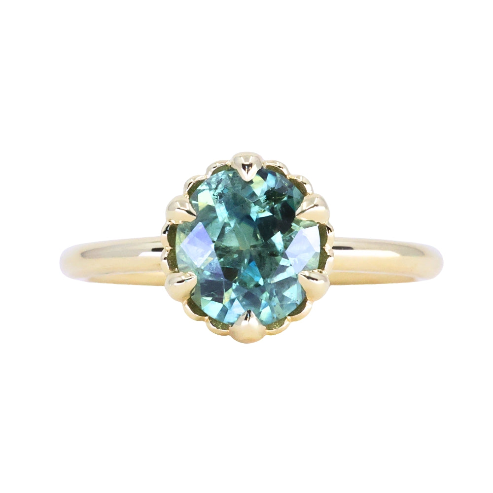 1.93ct Oval Silky Teal Montana Sapphire Scallop Cup Solitaire in 18k Yellow Gold