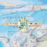 1.07ct Oval Medium Green Teal Montana Sapphire Evergreen Carved 4 Prong Solitaire in 14k Yellow Gold