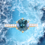 1.63ct Precision Cut Teal Round Montana Sapphire Lotus Six Prong Solitaire with Diamonds in 18k Yellow Gold