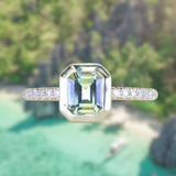1.14ct Emerald Cut Parti Montana Sapphire Low Profile Bezel Solitaire Ring with French Set Diamonds in 14k Green Gold
