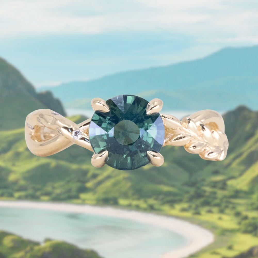 2.08ct Untreated Round Teal Sapphire Twisted Vine Split Shank Solitaire in 14k Yellow Gold with Diamonds