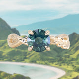 2.08ct Untreated Round Teal Sapphire Twisted Vine Split Shank Solitaire in 14k Yellow Gold with Diamonds