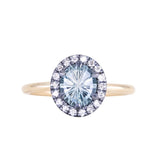 1.40ct Fantasy Carved Untreated Montana Sapphire and Antiqued Diamond Halo ring in 14k Yellow Gold