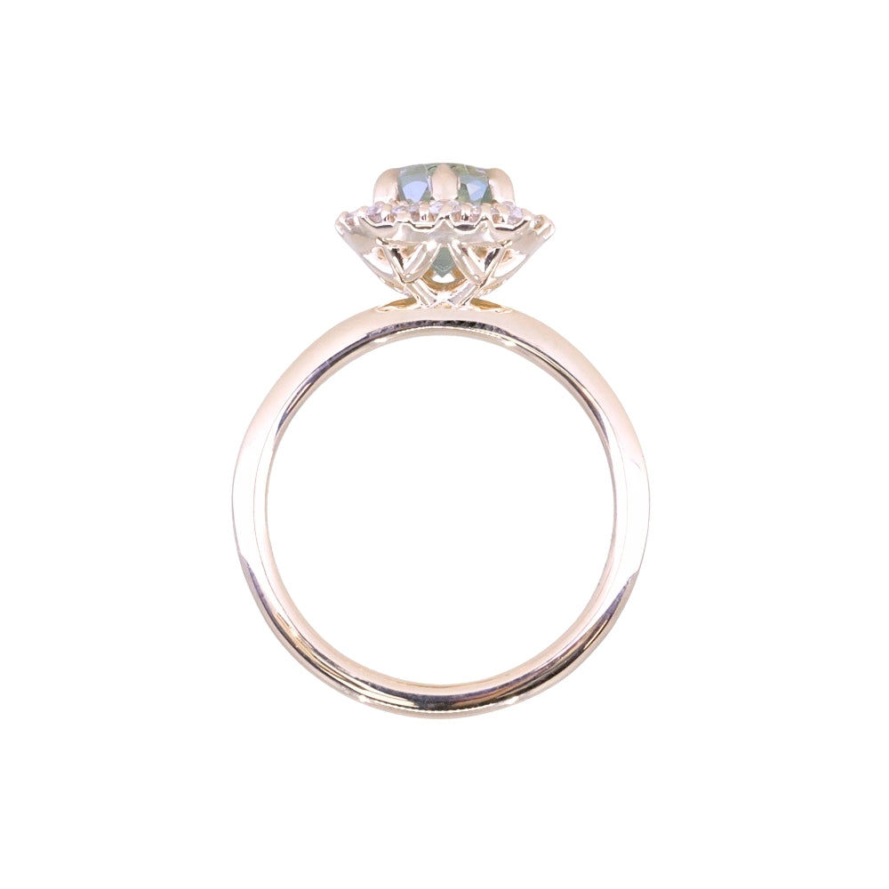 2.18ct"Old Mine Cushion" cut Silky Light Green Montana Sapphire Antique-Style Diamond Halo Ring in 14k Yellow Gold