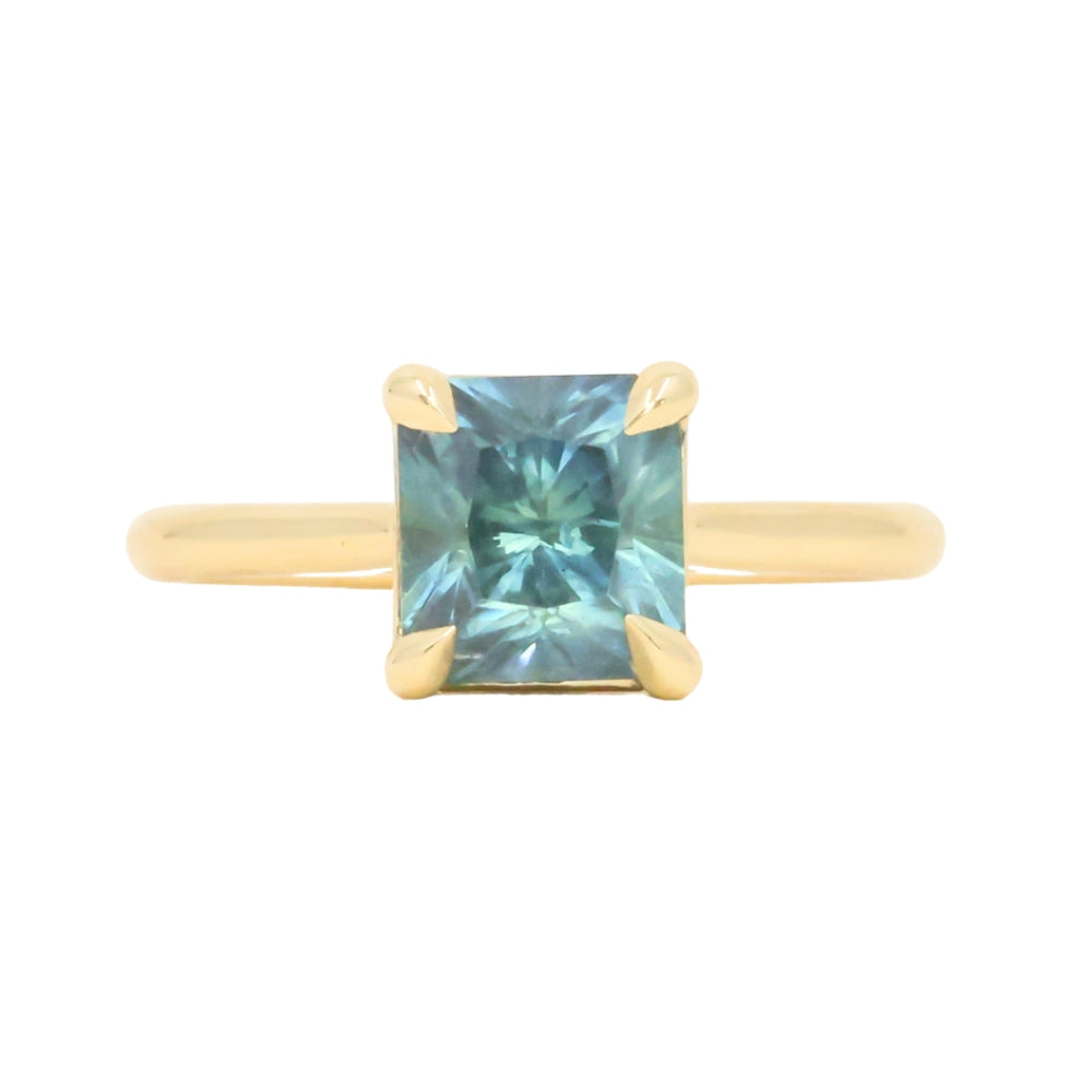 2.67ct Untreated Radiant Cut Montana Sapphire Four Prong Cathedral Solitaire in 18k Yellow Gold