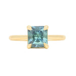 2.67ct Untreated Radiant Cut Montana Sapphire Four Prong Cathedral Solitaire in 18k Yellow Gold