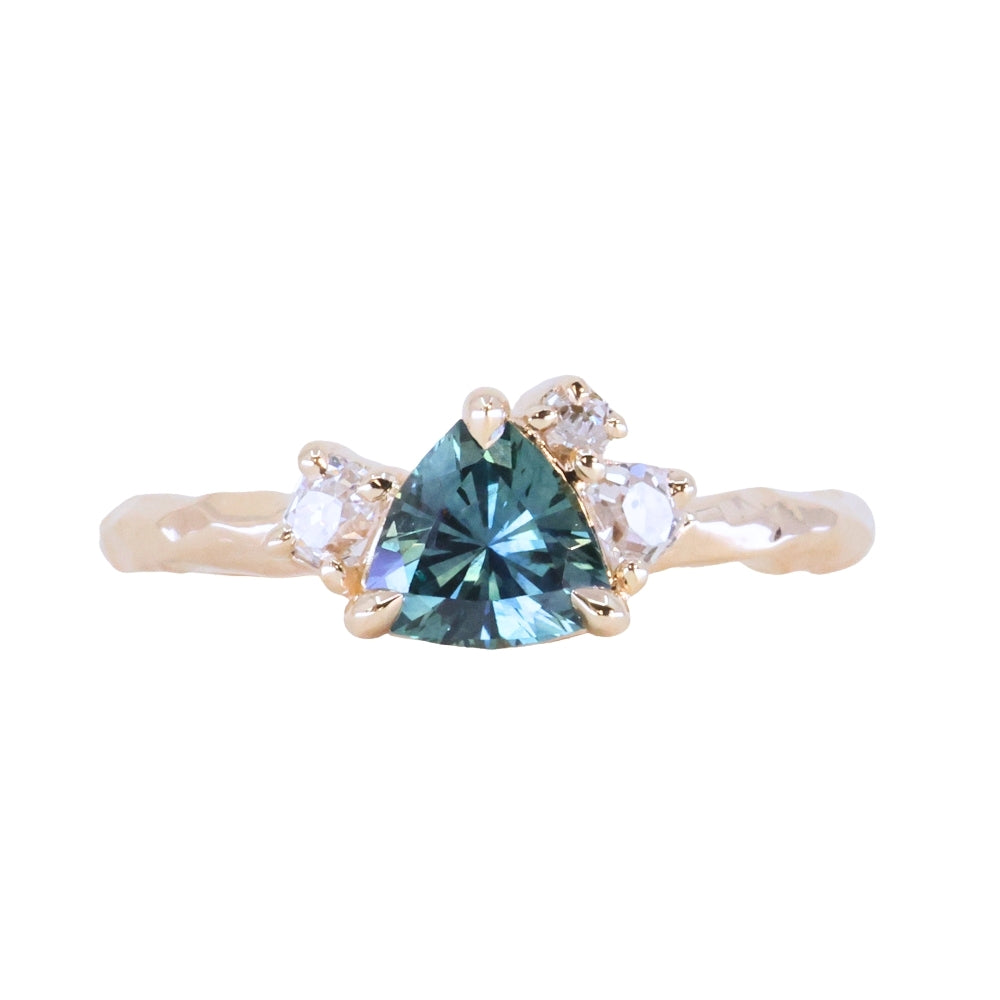 0.78ct Teal Montana Sapphire and Genuine Antique Diamond Mountainscape Ring in 14k Evergreen Carved Yellow Gold