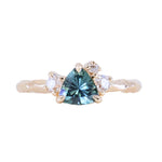 0.78ct Teal Montana Sapphire and Genuine Antique Diamond Mountainscape Ring in 14k Evergreen Carved Yellow Gold