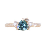 0.78ct Teal Montana Sapphire and Genuine Antique Diamond Mountainscape Ring in 14k Evergreen Carved Yellow Gold