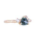 0.78ct Teal Montana Sapphire and Genuine Antique Diamond Mountainscape Ring in 14k Evergreen Carved Yellow Gold