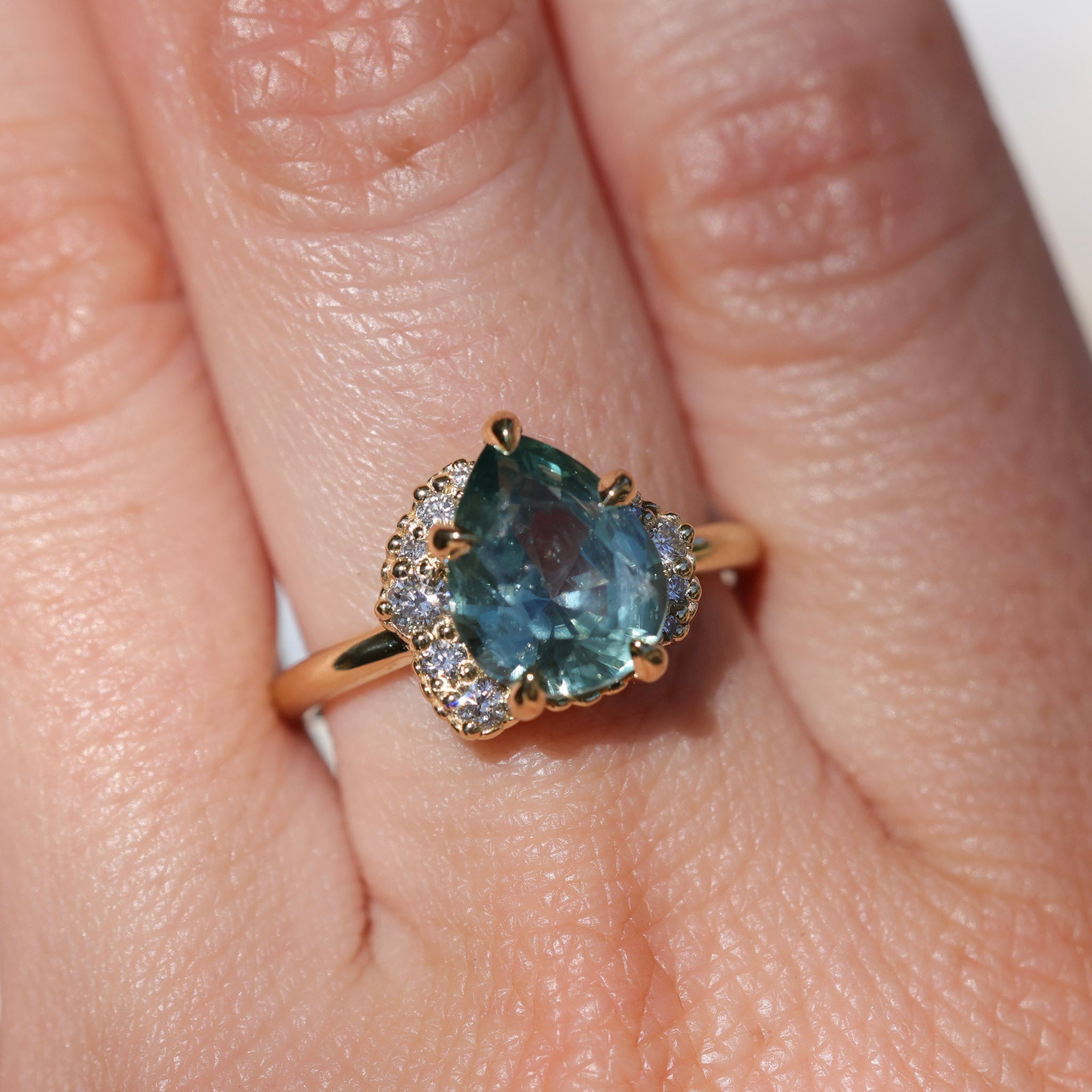 3.34ct  Untreated Pear Montana Sapphire and Diamond Asymmetrical Cluster Ring in 18k Yellow Gold