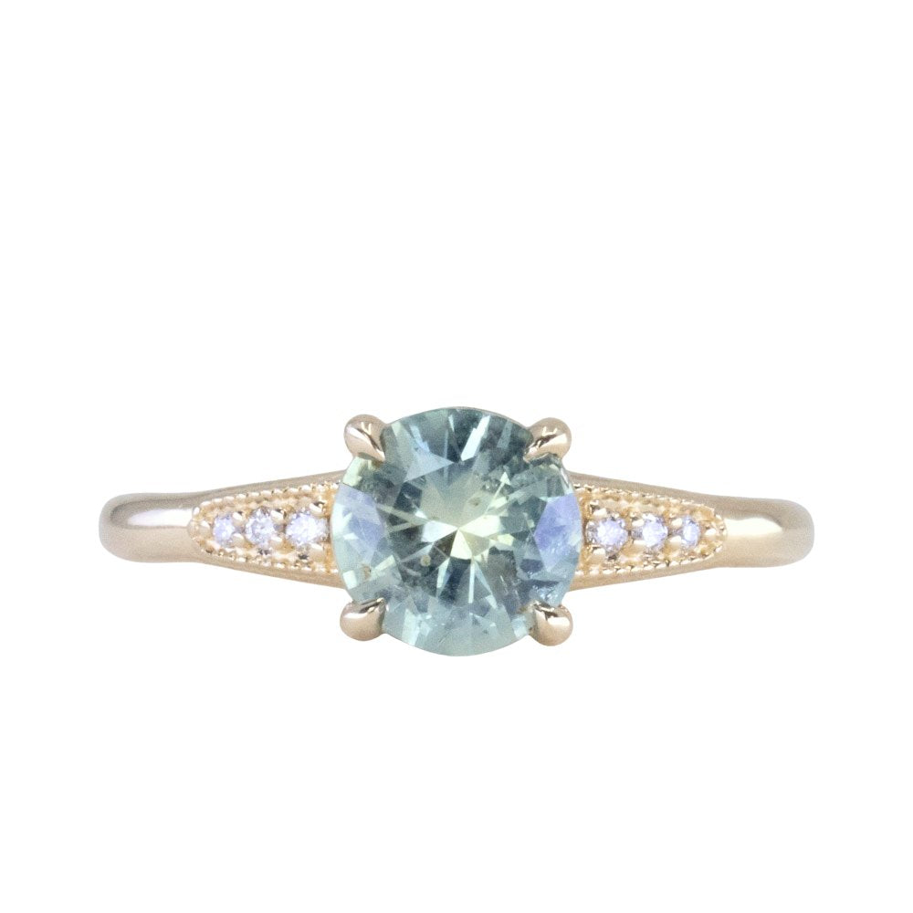 1.32ct Untreated Round Blue-Green Montana Sapphire Four Prong Low Profile Milgrain and Diamond Ring in 14k Yellow Gold