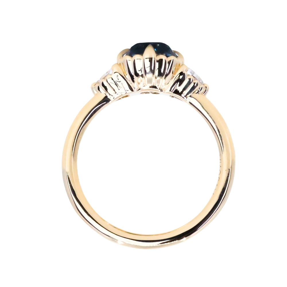 1.57ct Old Mine Cut Montana Sapphire and Diamond Antique Style Compass Set Low Profile Ring in 14k Yellow Gold